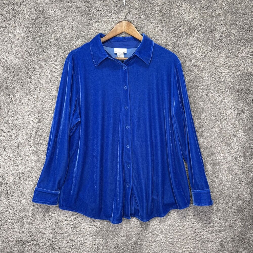 Soft Surroundings Velvet Velour Button Up Blouse Top Large Petite Cobalt Blue